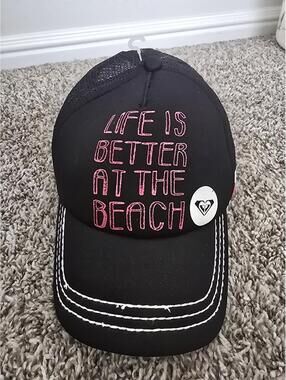 ROXY Black Mesh Trucker Hat Pink "Life Is Better at the Beach" Cap